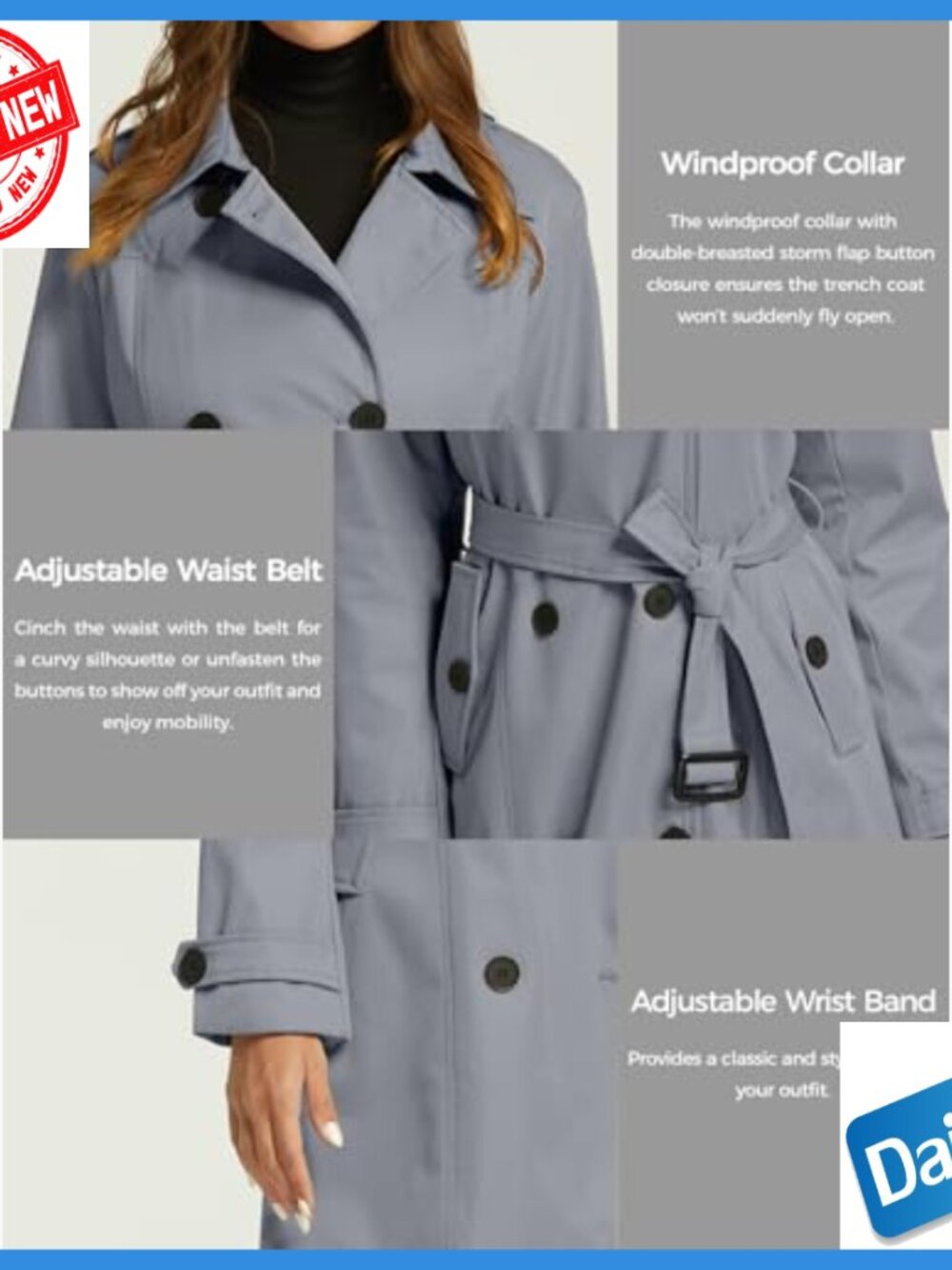 Women's Waterproof Trench Coat with Belt, Long Sleeve Relaxed Fit - Picture 5 of 7